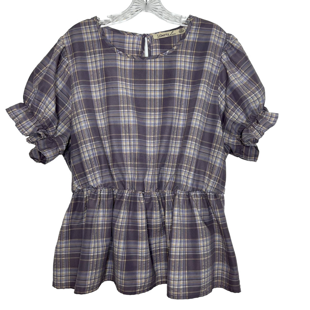 Liberty Love Women's Purple Plaid Top Ruffle Short Sleeve Back Keyhole Size 2XL
